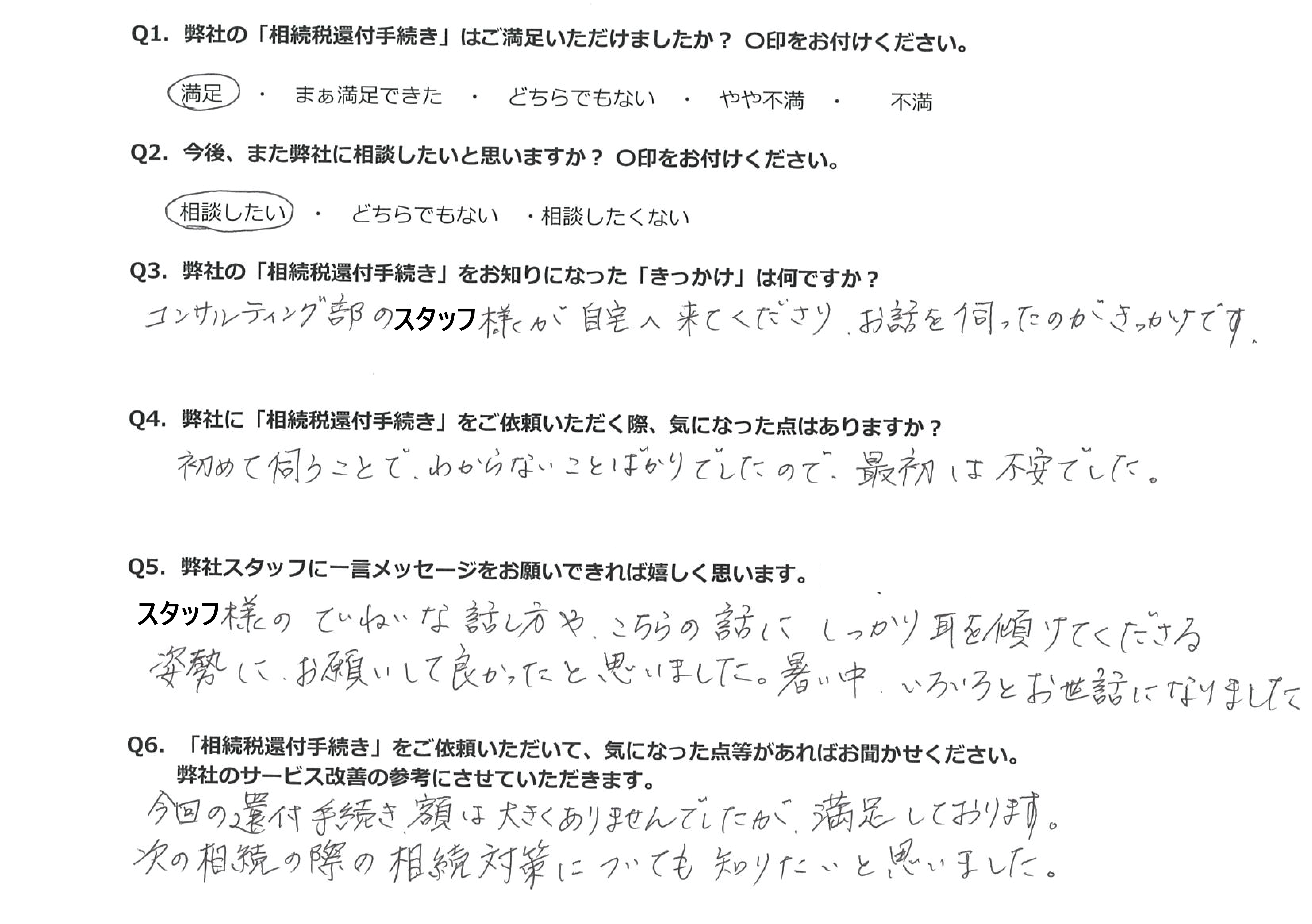 相続税還付手続きお客様の声